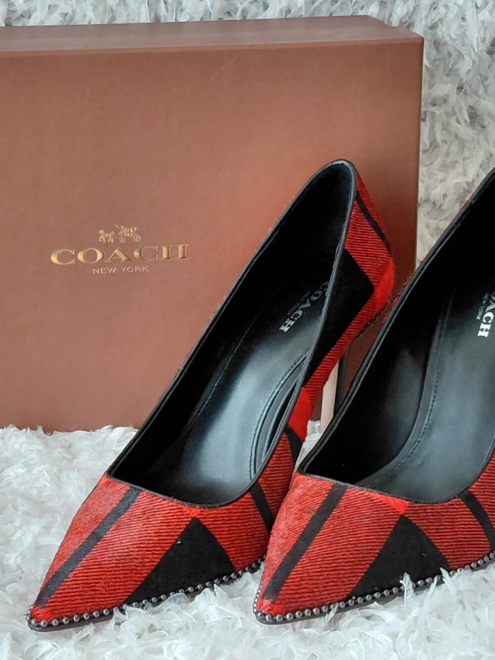 NIB Coach Tamera Plaid Haircalf Pumps – Black / Bright Persimmon – Size 8.5